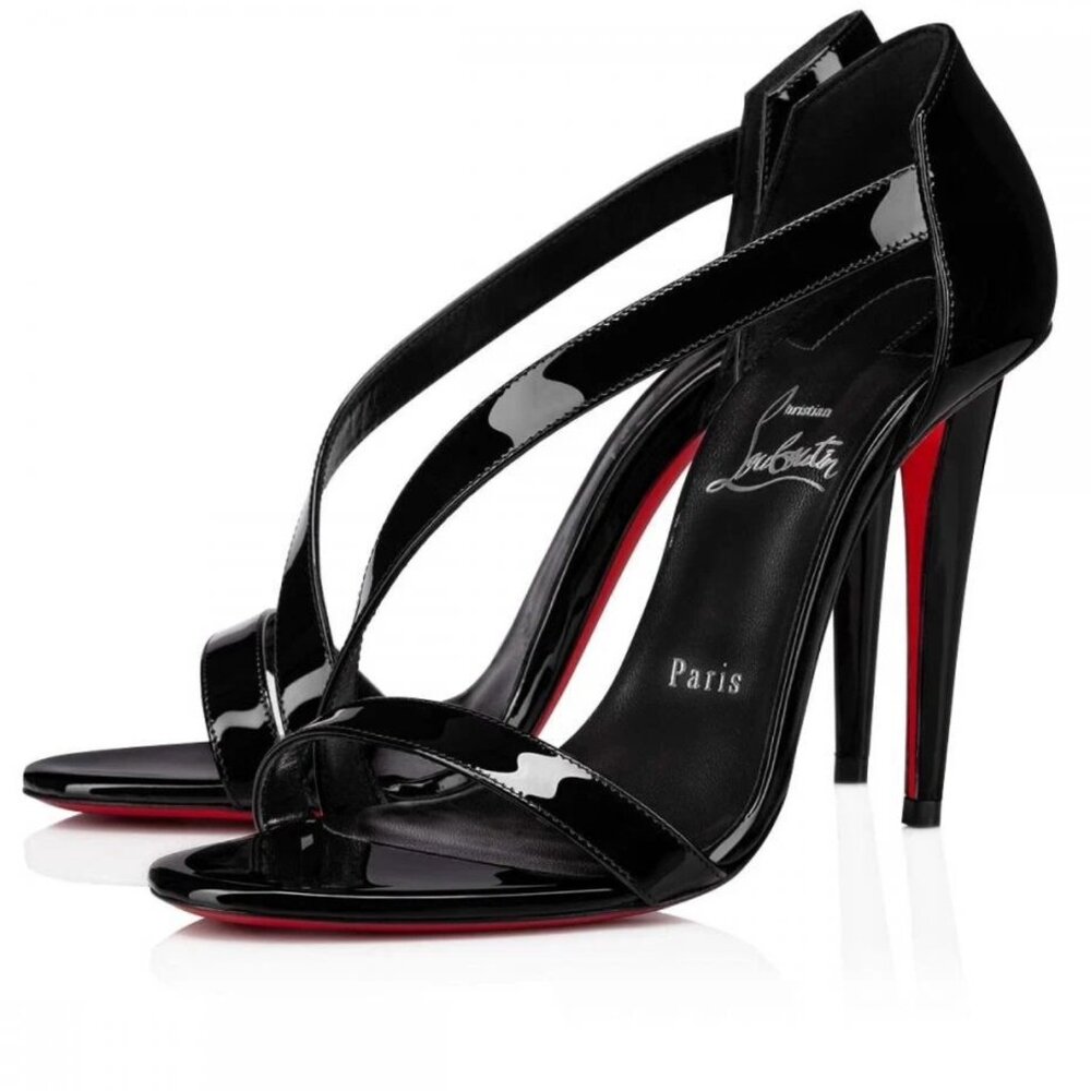 Christian Louboutin Astridal 100 Black Patent Ankle Strap Sandal Heel Pump